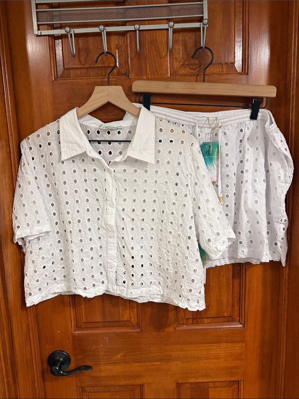 White Eyelet Button-Front women’s Top and Shorts Swim Cover up Set